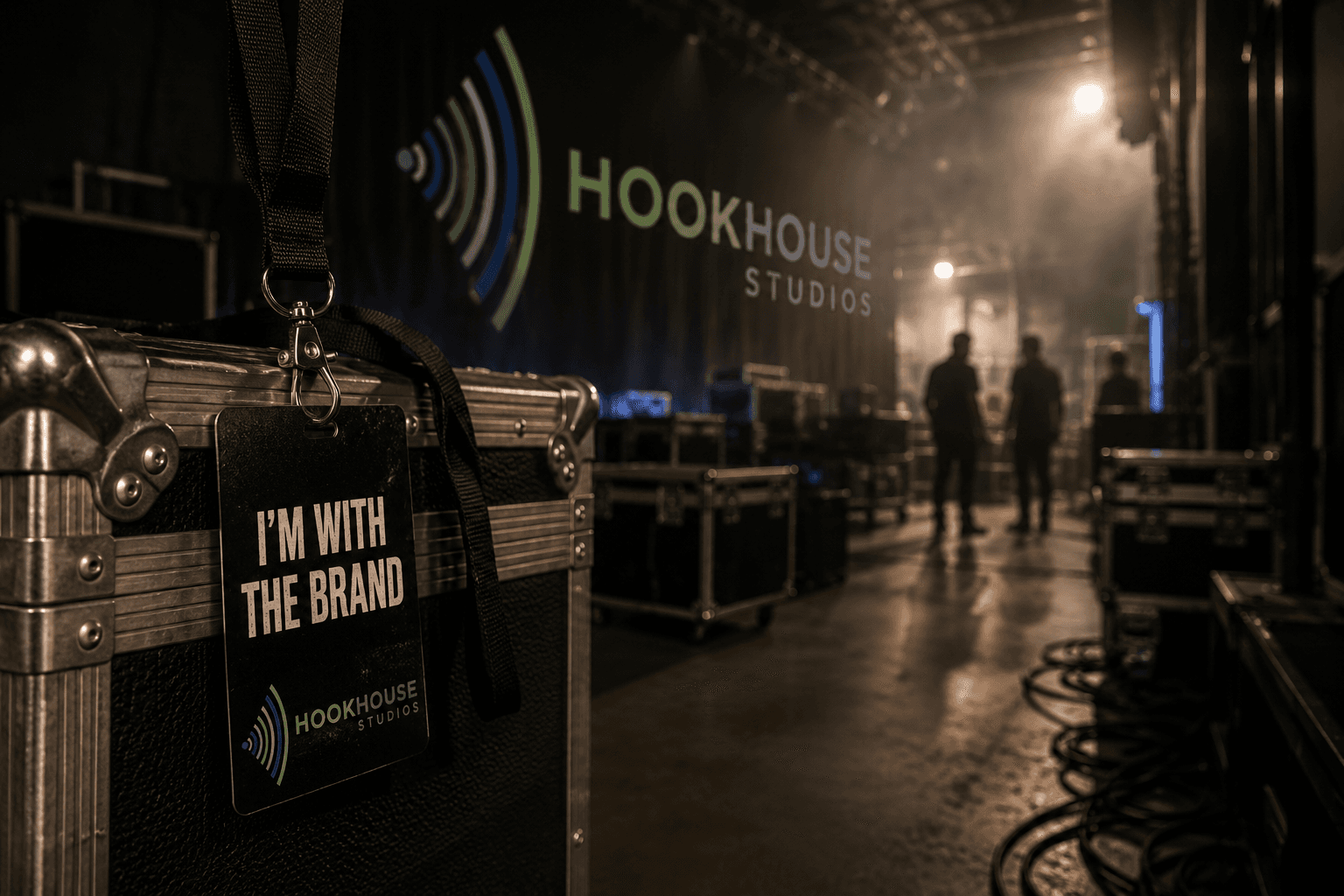 A HookHouse Studios backstage pass on a road case with the HookHouse stage in the background